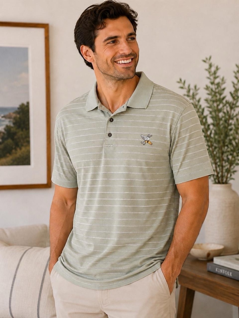 Pringle Scotland Men’s XL Polo Shirt–Sage Green Striped 100% Cotton- w/Logo